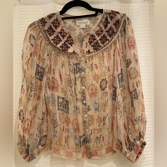 Velvet - printed long sleeve blouse with small sequins details - Picture 1 of 8